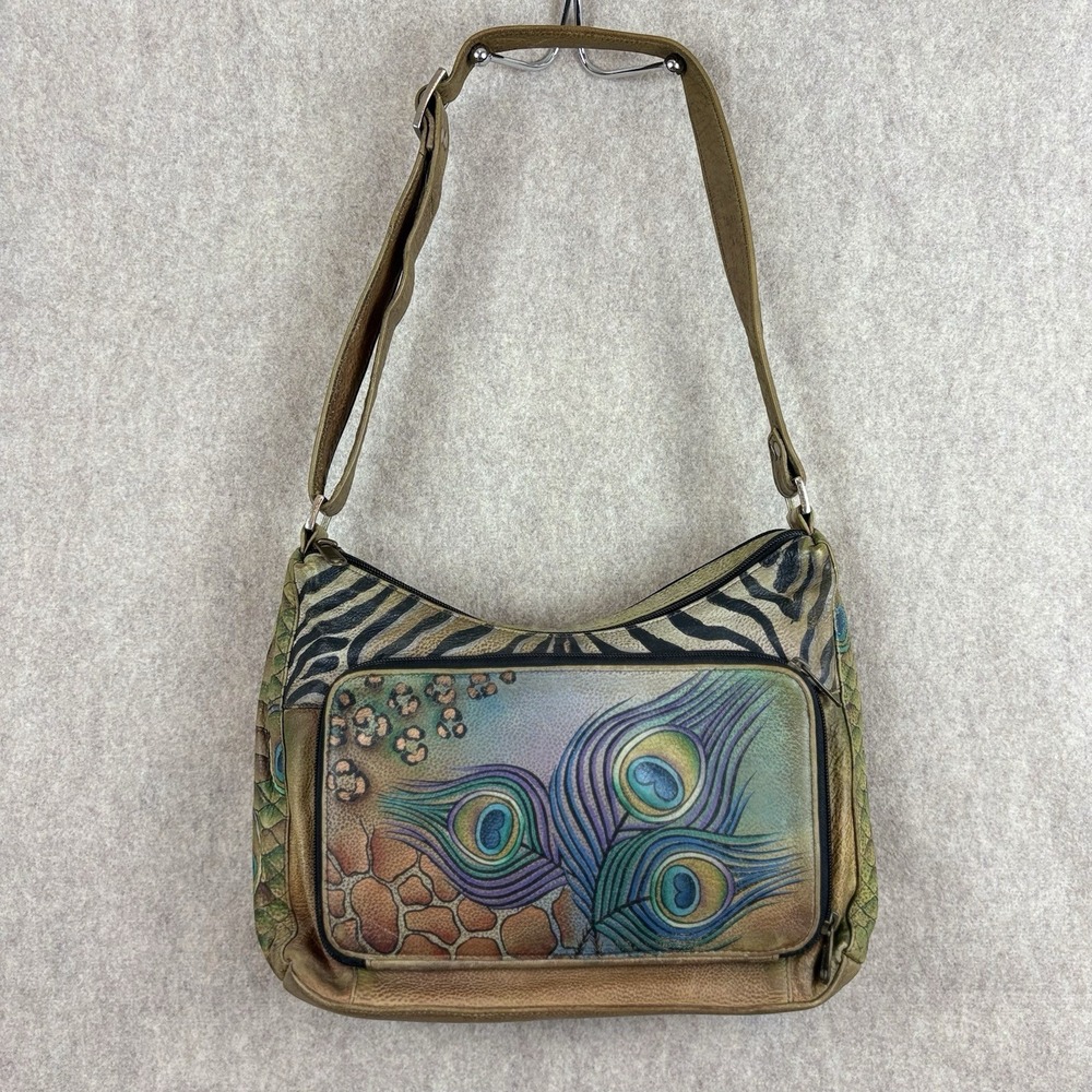 Anuschka Hand Painted Leather Shoulder Bag Peacock Animal Print Organizer Purse